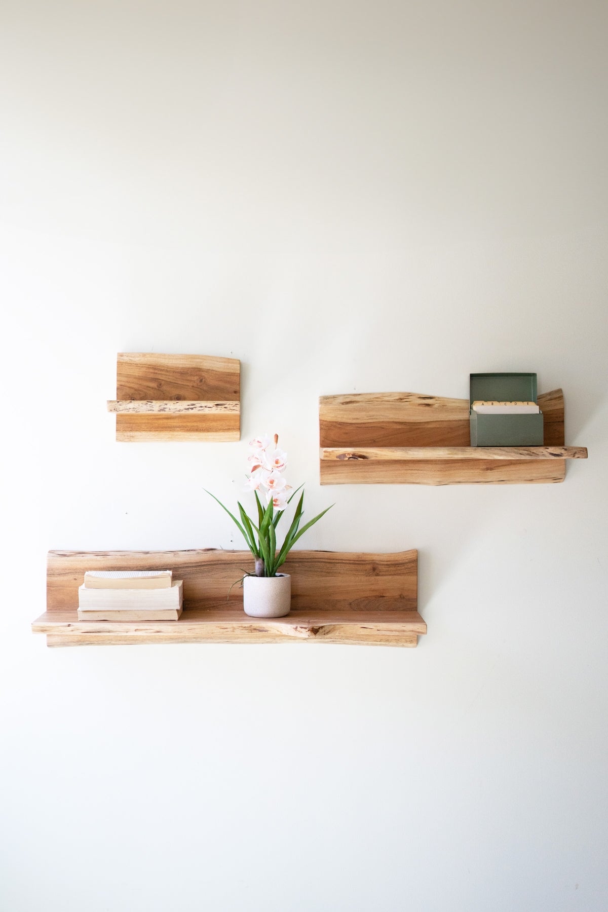 Set of Three Live-Edge Acacia Wood Floating Shelves