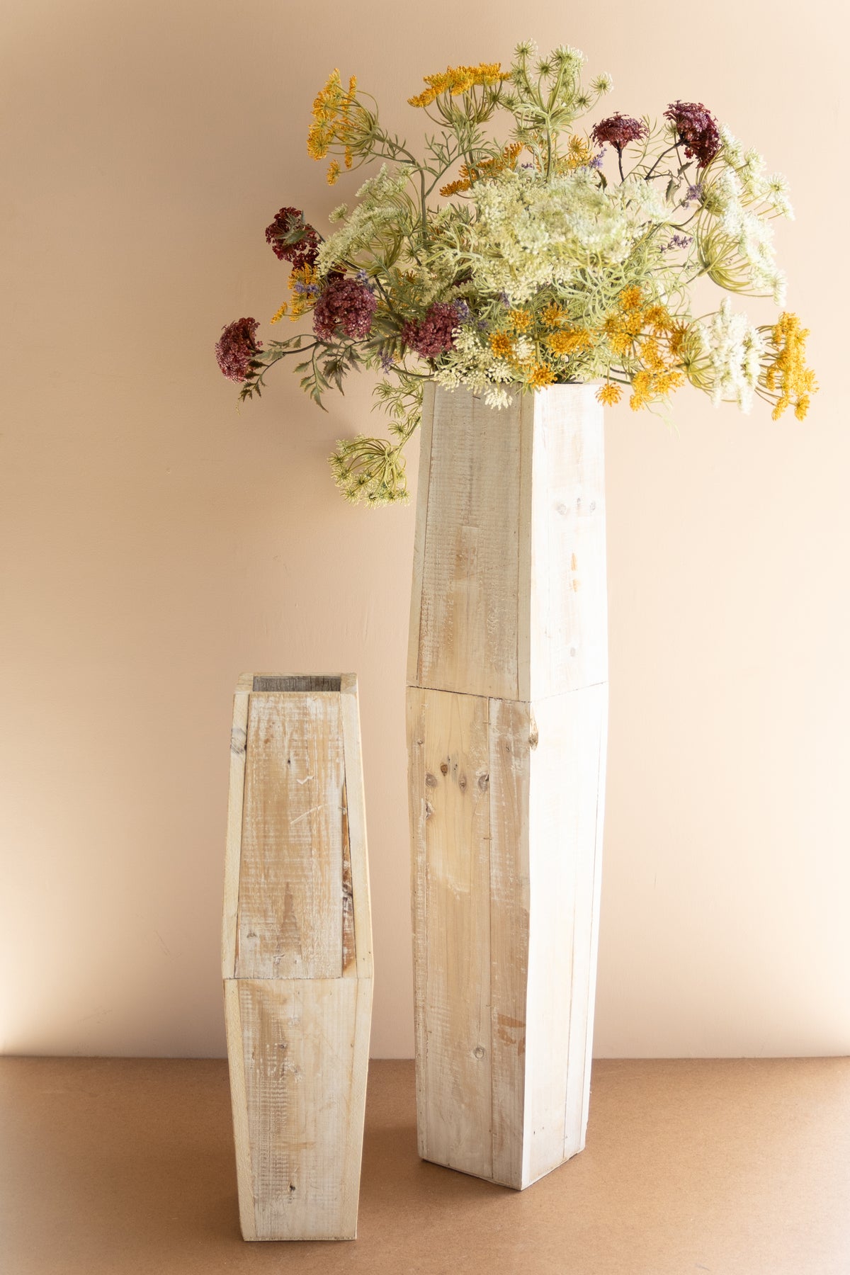 Set of Two White-Washed Tall Oblong Wooden Vases