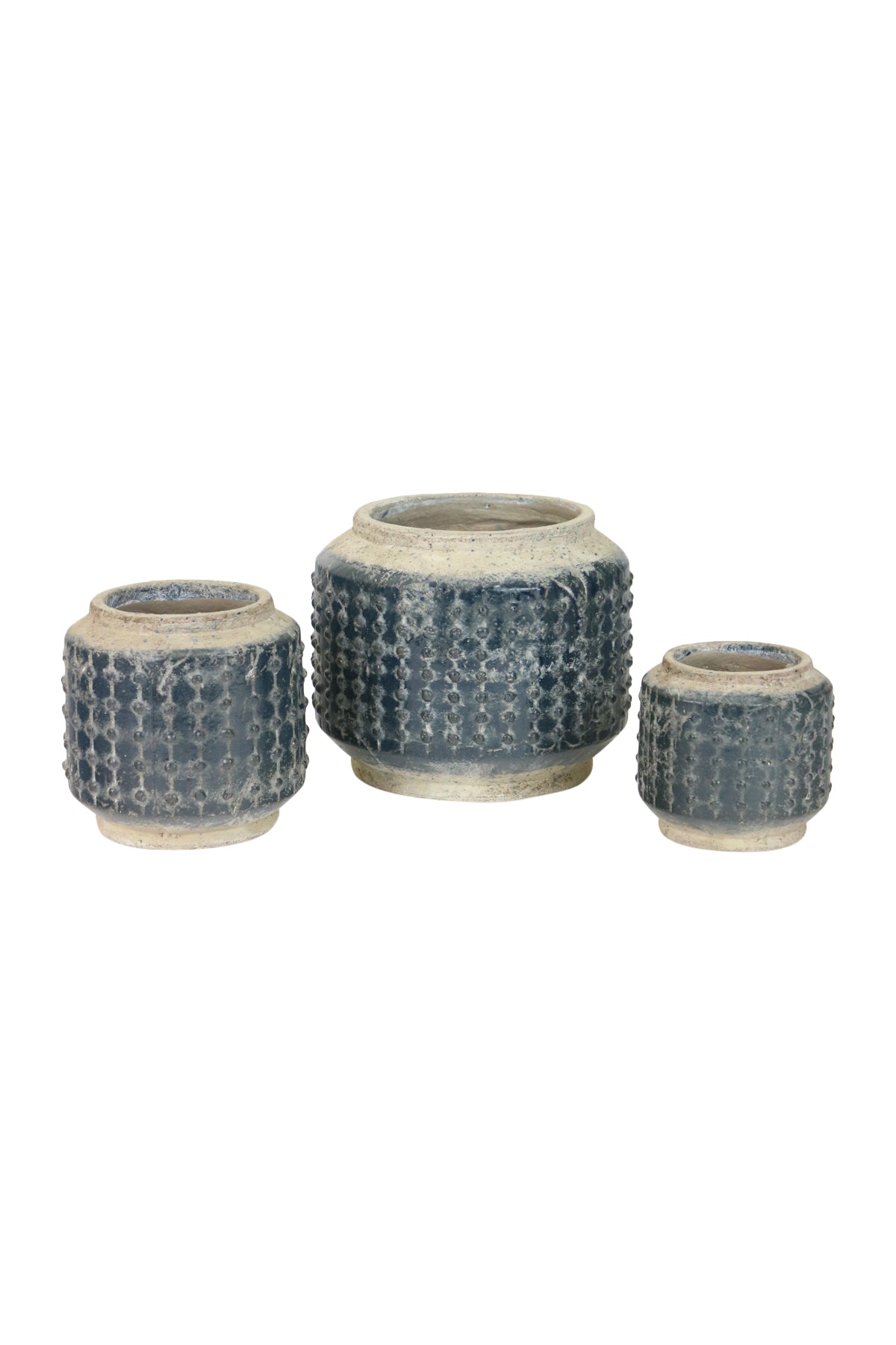 Set of Three Dark Blue Knobby Ceramic Pots