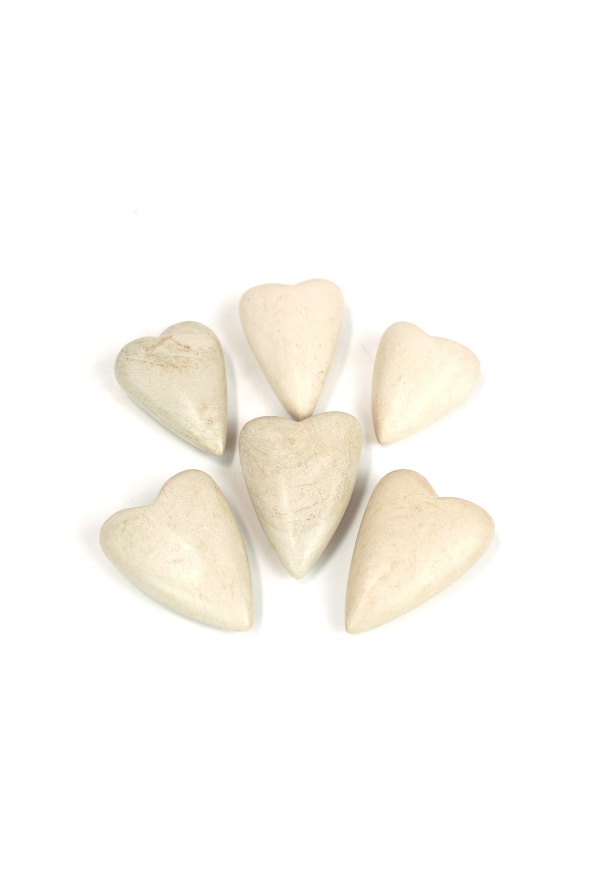 Set of Six Hand Carved Stone Hearts- White