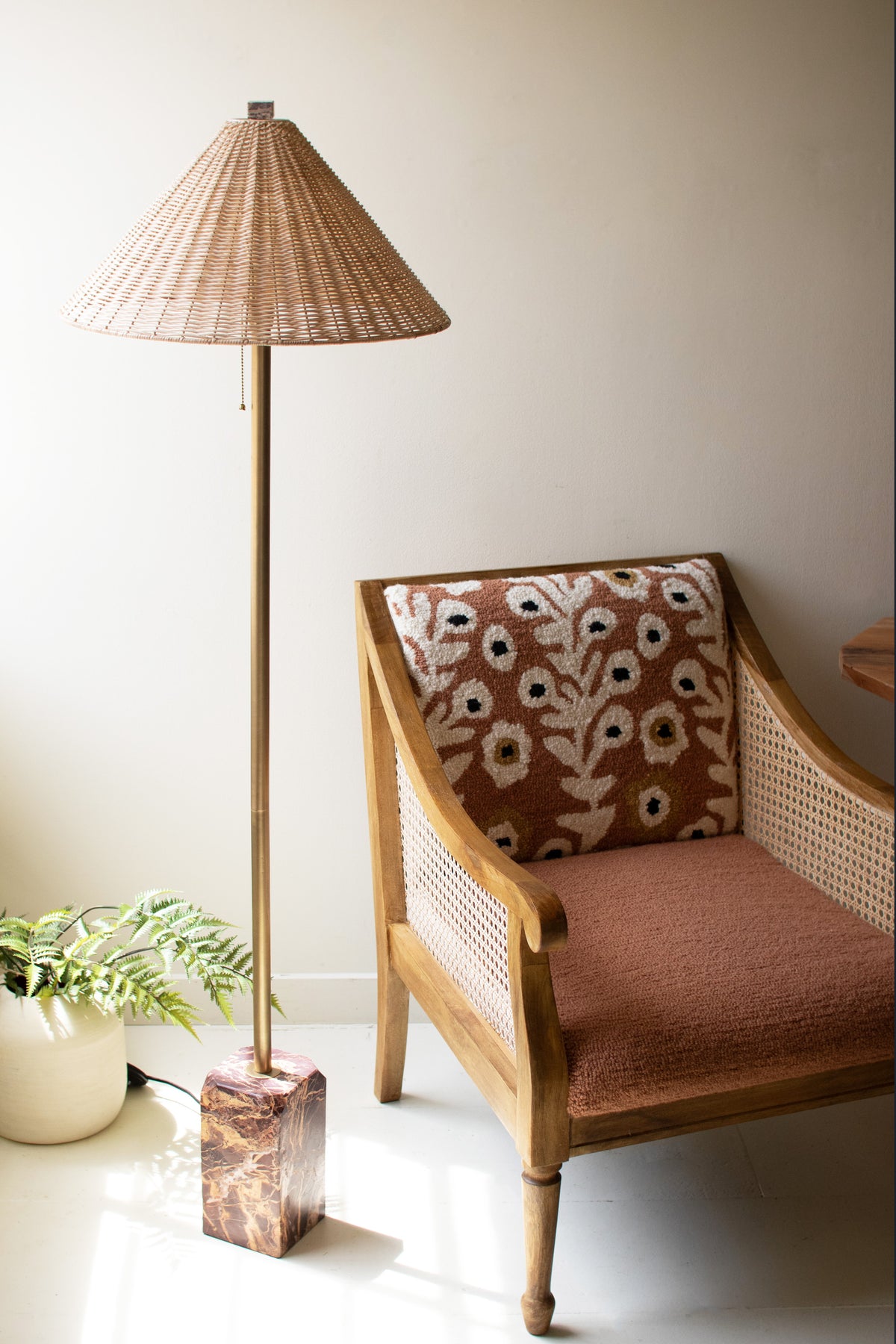 Floor Lamp with Red Marble Base and Rattan Shade