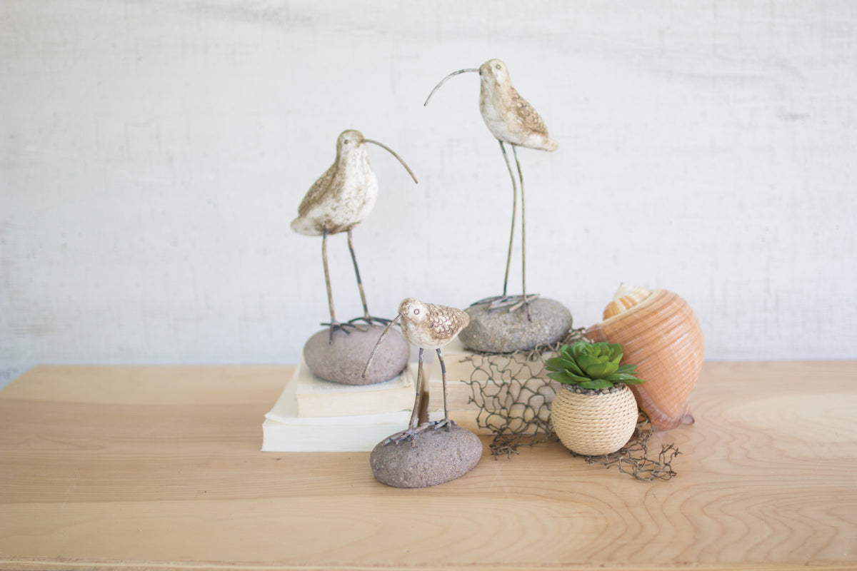 Set of Three Painted Clay Shore Birds on Rock Bases
