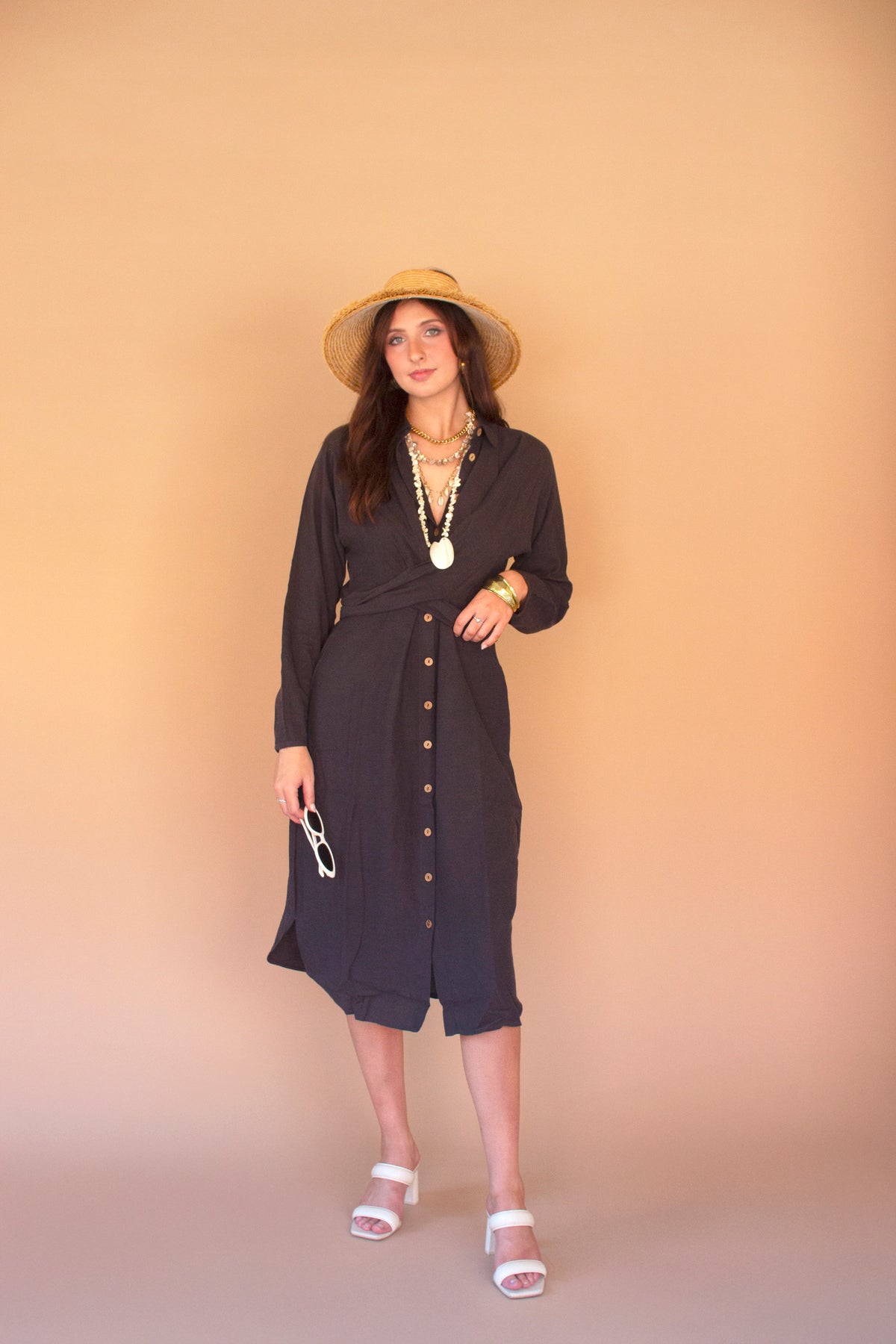 Long-Sleeve Buttondown Dress with Front-Tie - Midnight