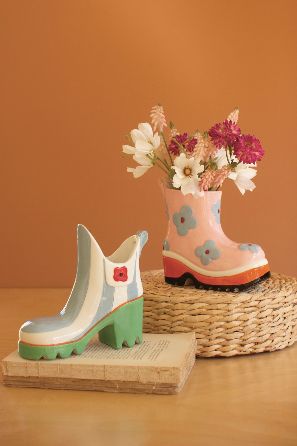 Set of Two Ceramic Colorful Rubber Boot Vases
