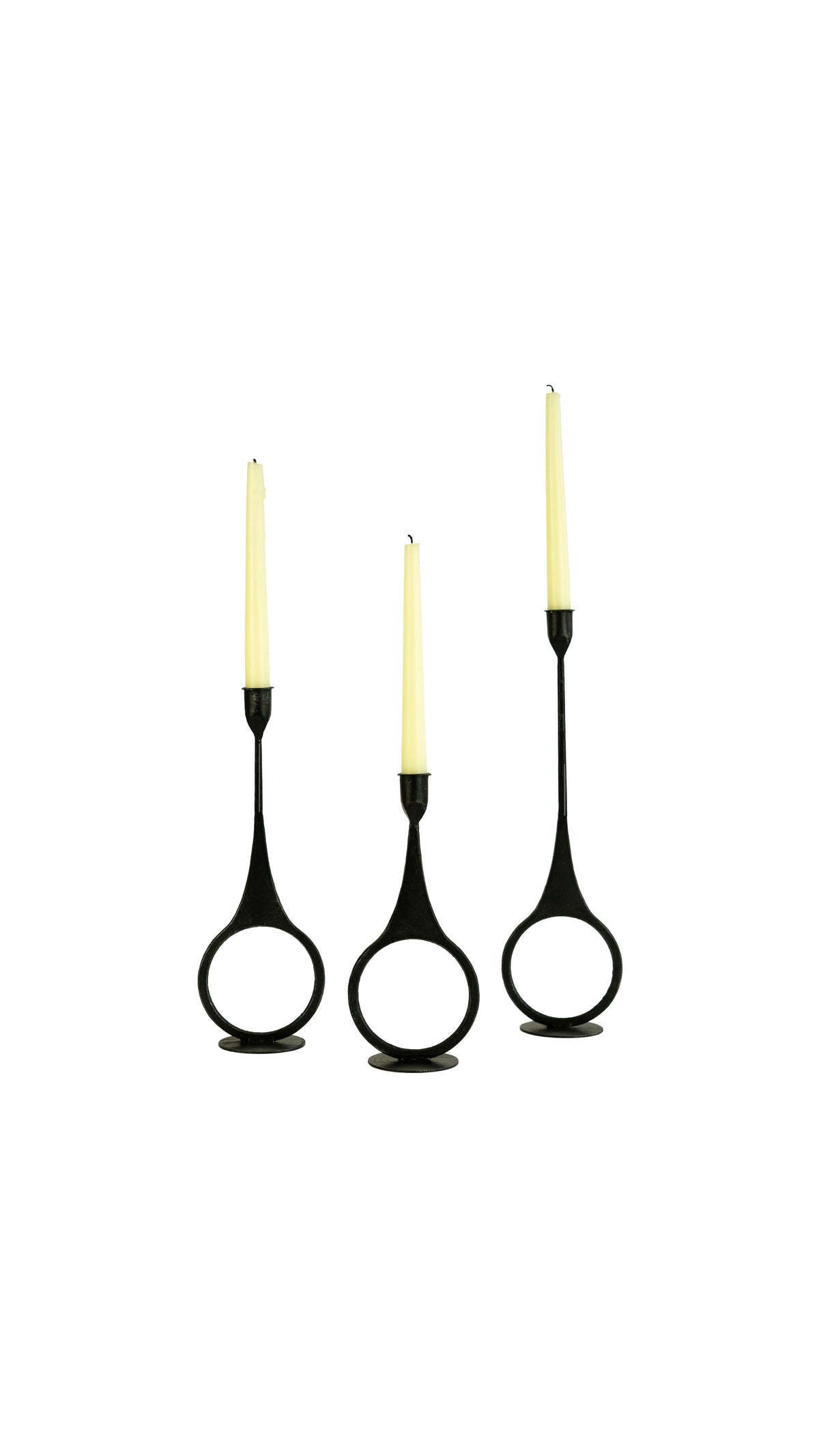 Set of Three Cast Iron Taper Candle Holders W Ring Detail