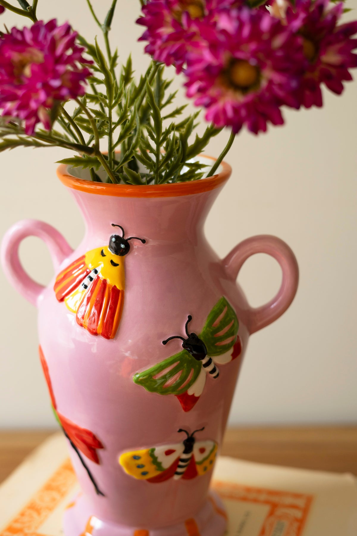 Set of Two Ceramic Butterfly and Moth Vases