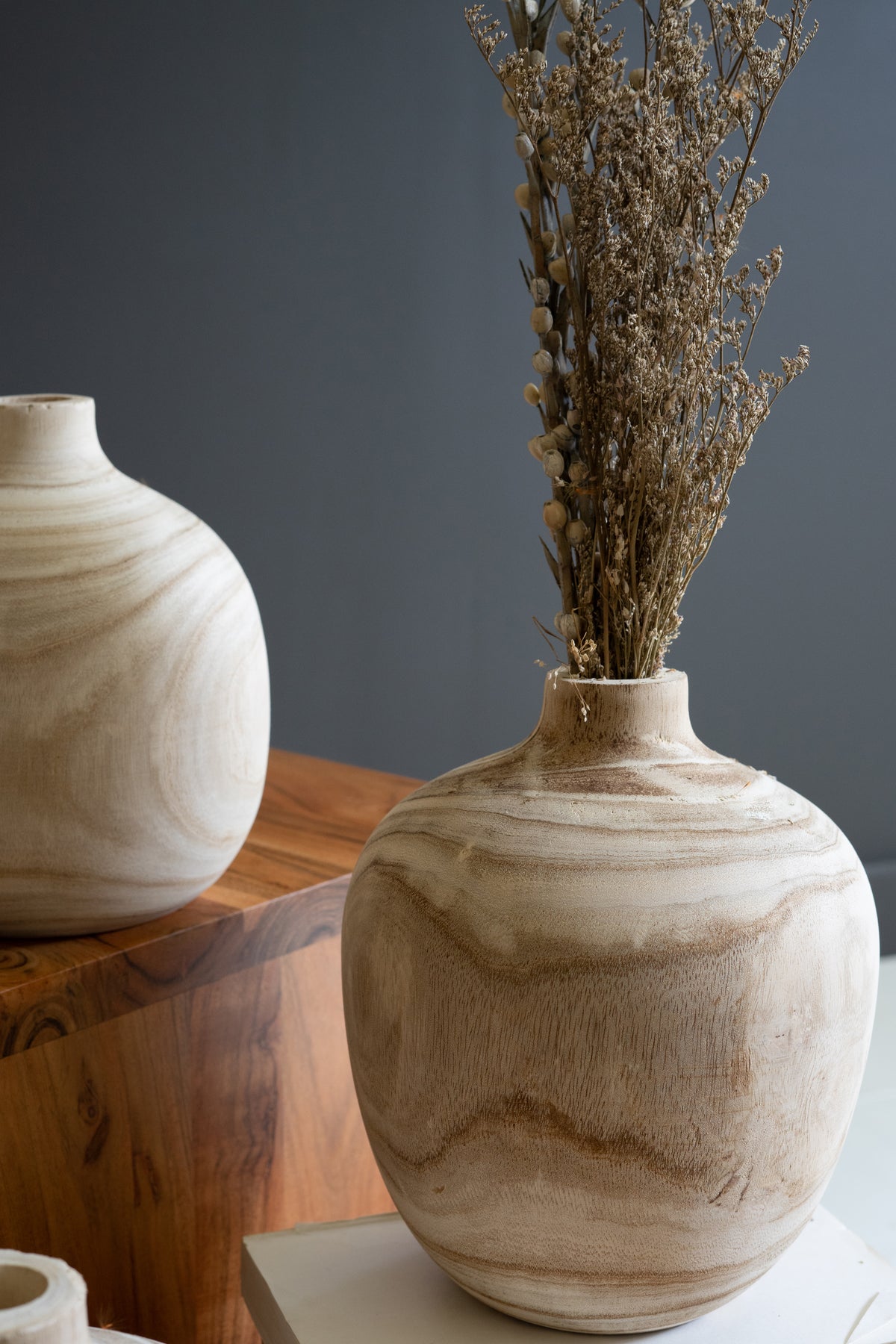 Set of Five Carved Wooden Bulb Vases - One Each Design