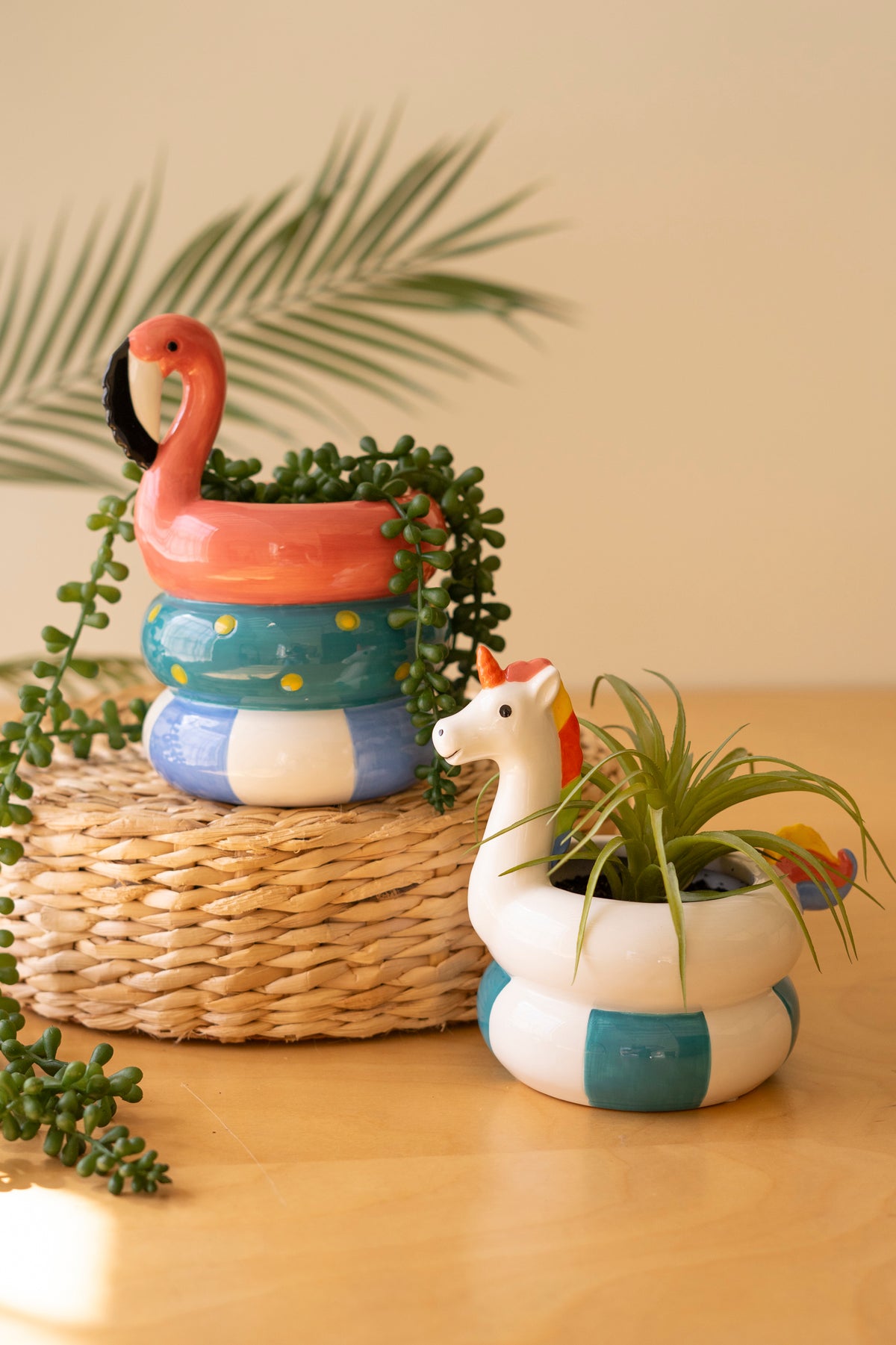 Set of Two Ceramic Flamingo and Unicorn Swimring Vases