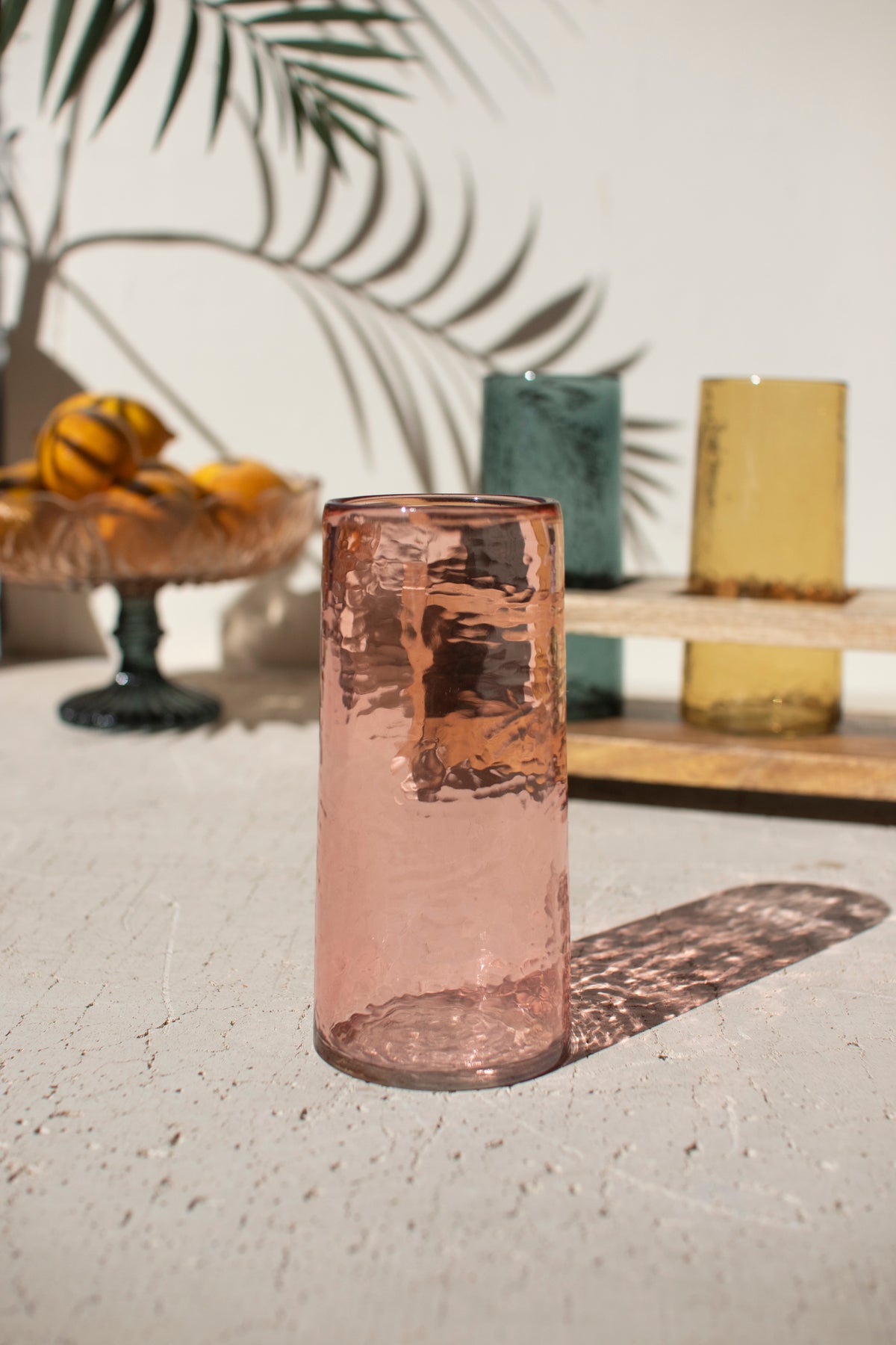 Four Cocktail Glasses with Wooden Tray - One Each Color