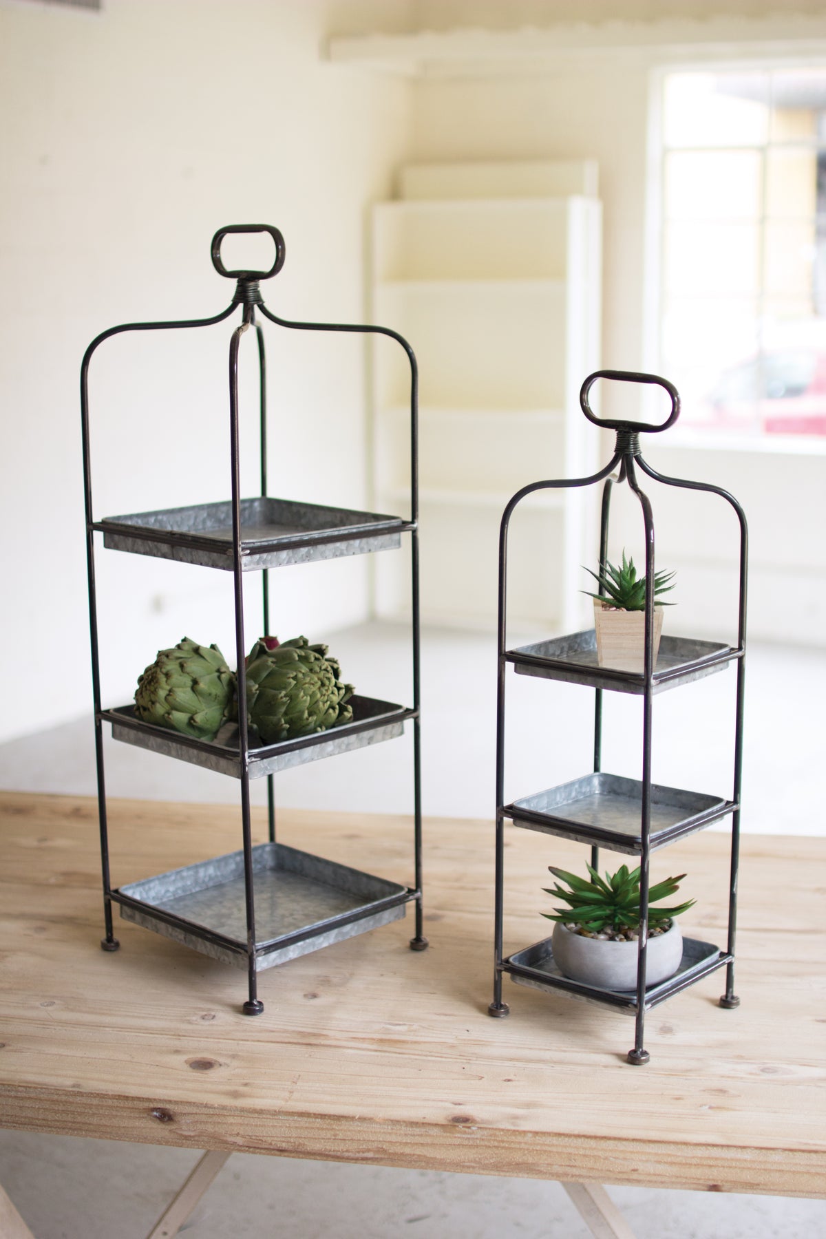 Set of Two Tall Metal Display Stands W Galvanized Trays