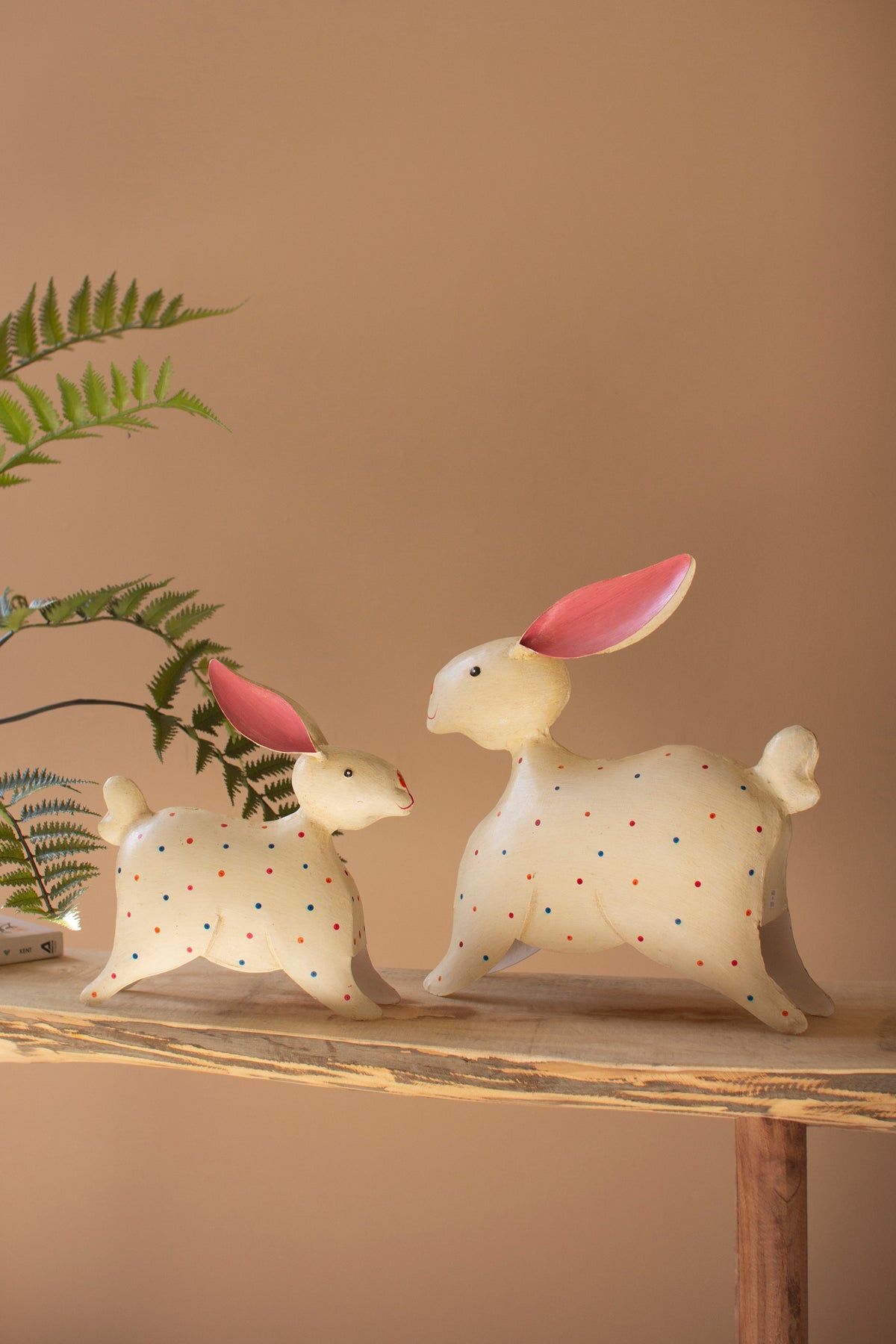 Set of Two Painted Iron Rabbits with Polka Dots