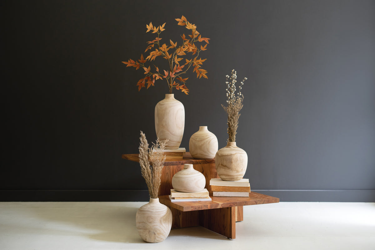 Set of Five Carved Wooden Bulb Vases - One Each Design