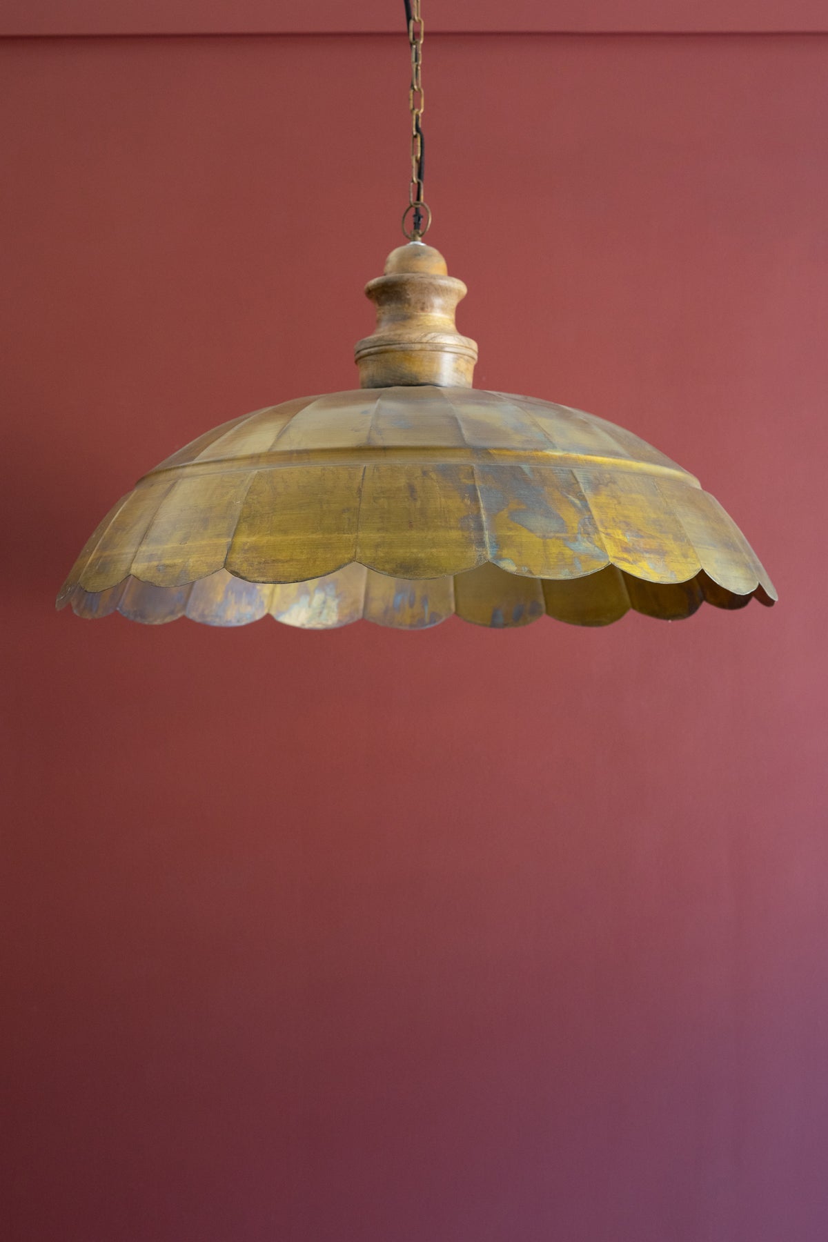 Antique Brass Pendant Light with Wood Detail 31" Dia.