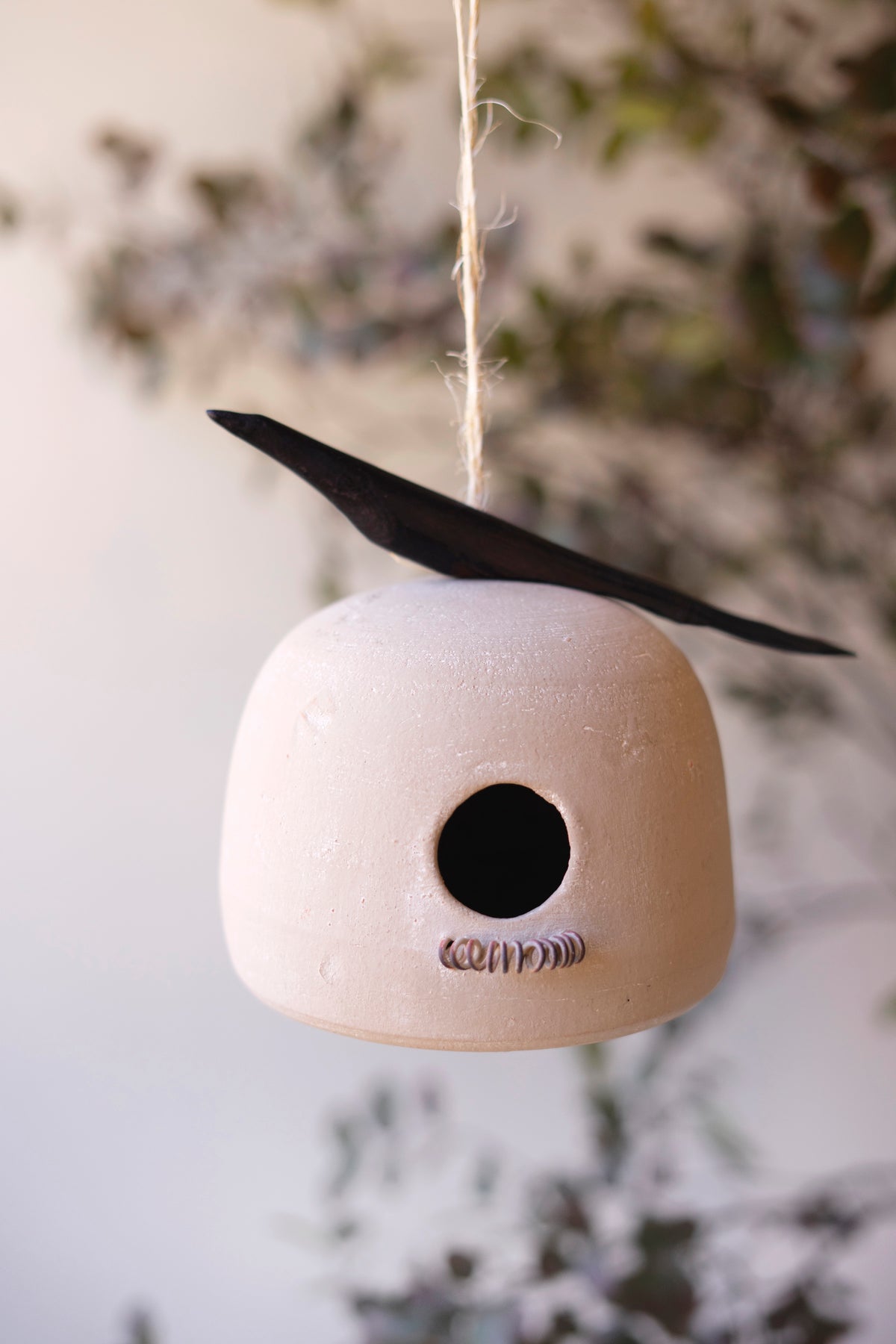 Hanging Clay Birdhouse with Carved Wooden Bird Detail