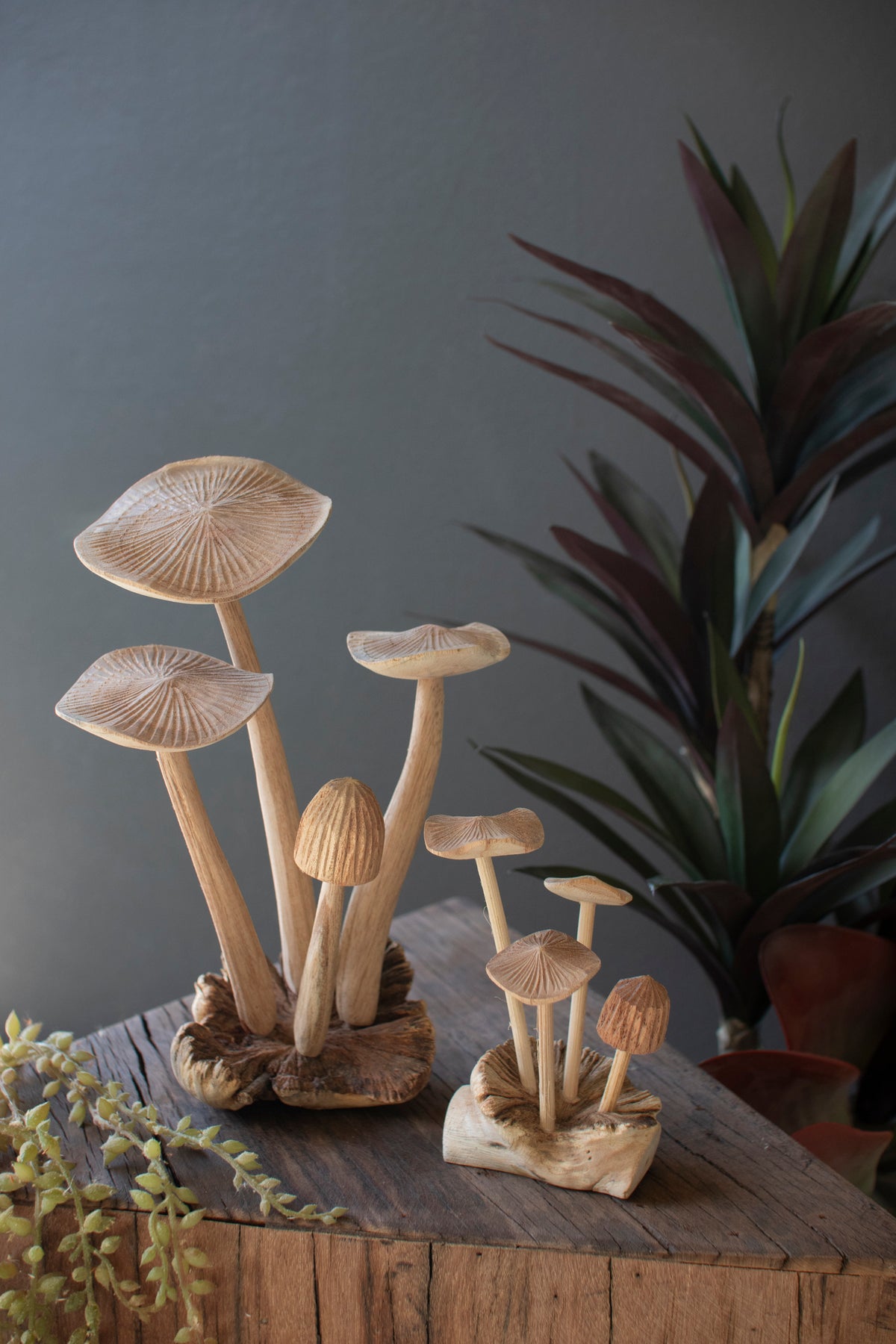 Set of Two Hand-Carved Teak Wood Mushroom Clusters