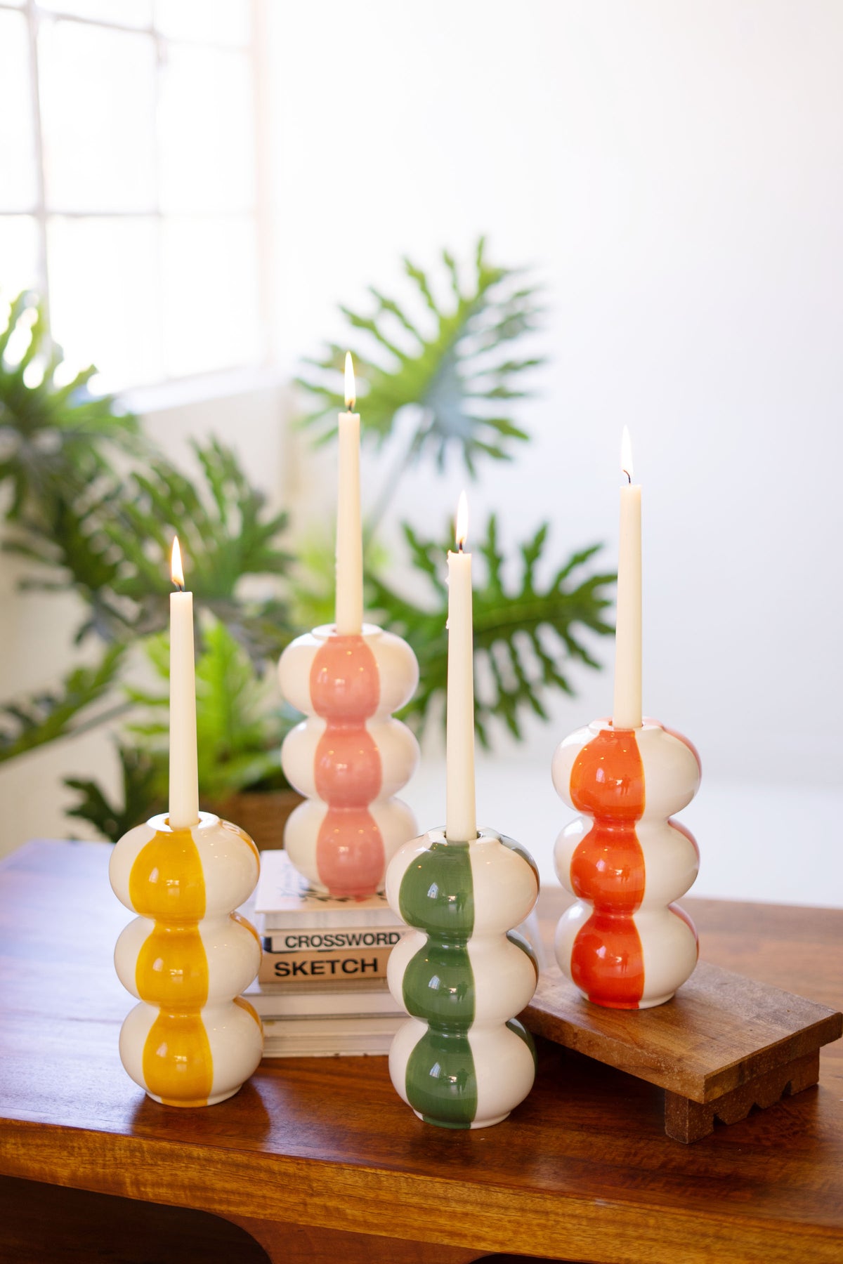 Set of Four Ceramic Striped Taper Candle Holders