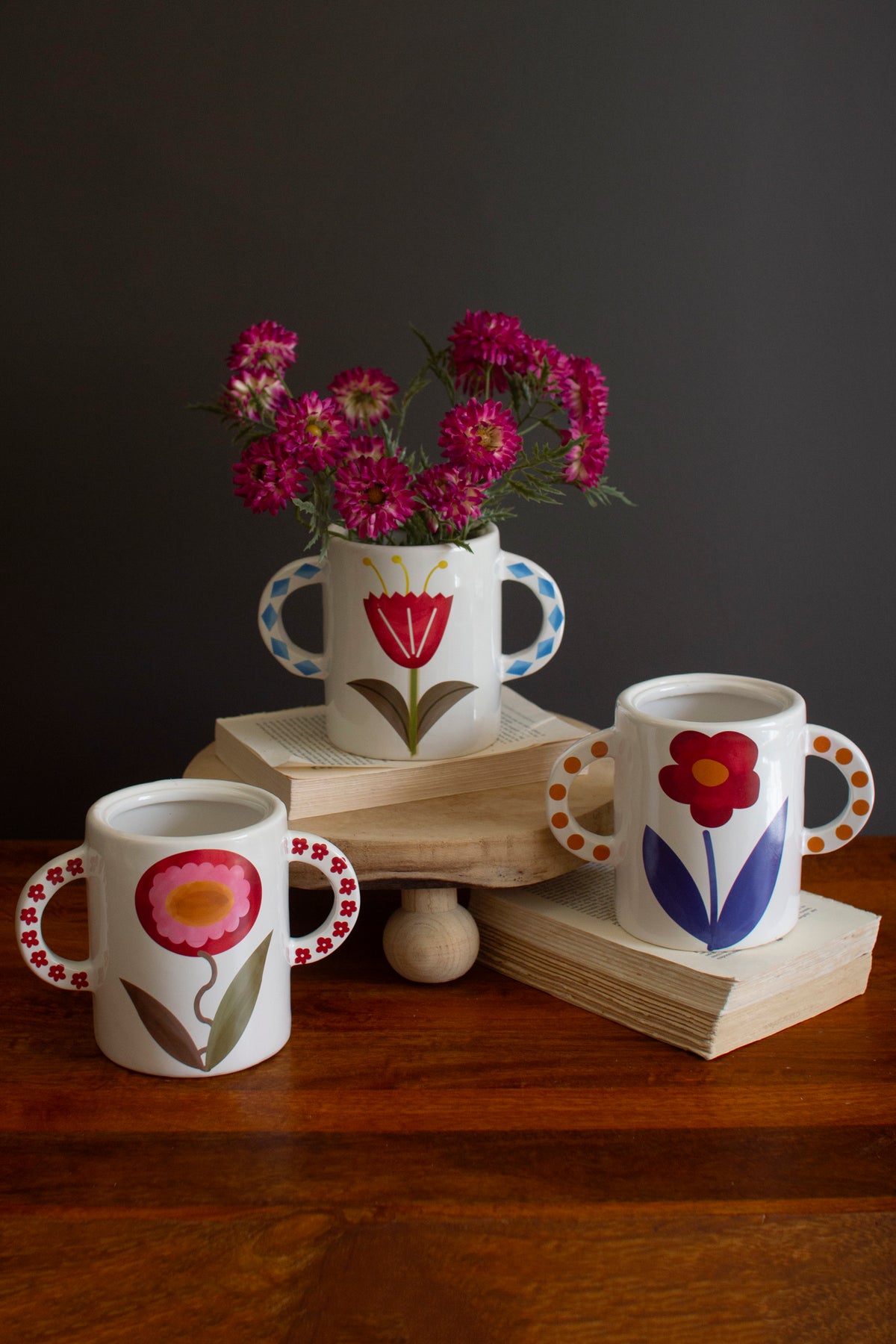Set of Three Ceramic Doule Handle Vases with Flowers