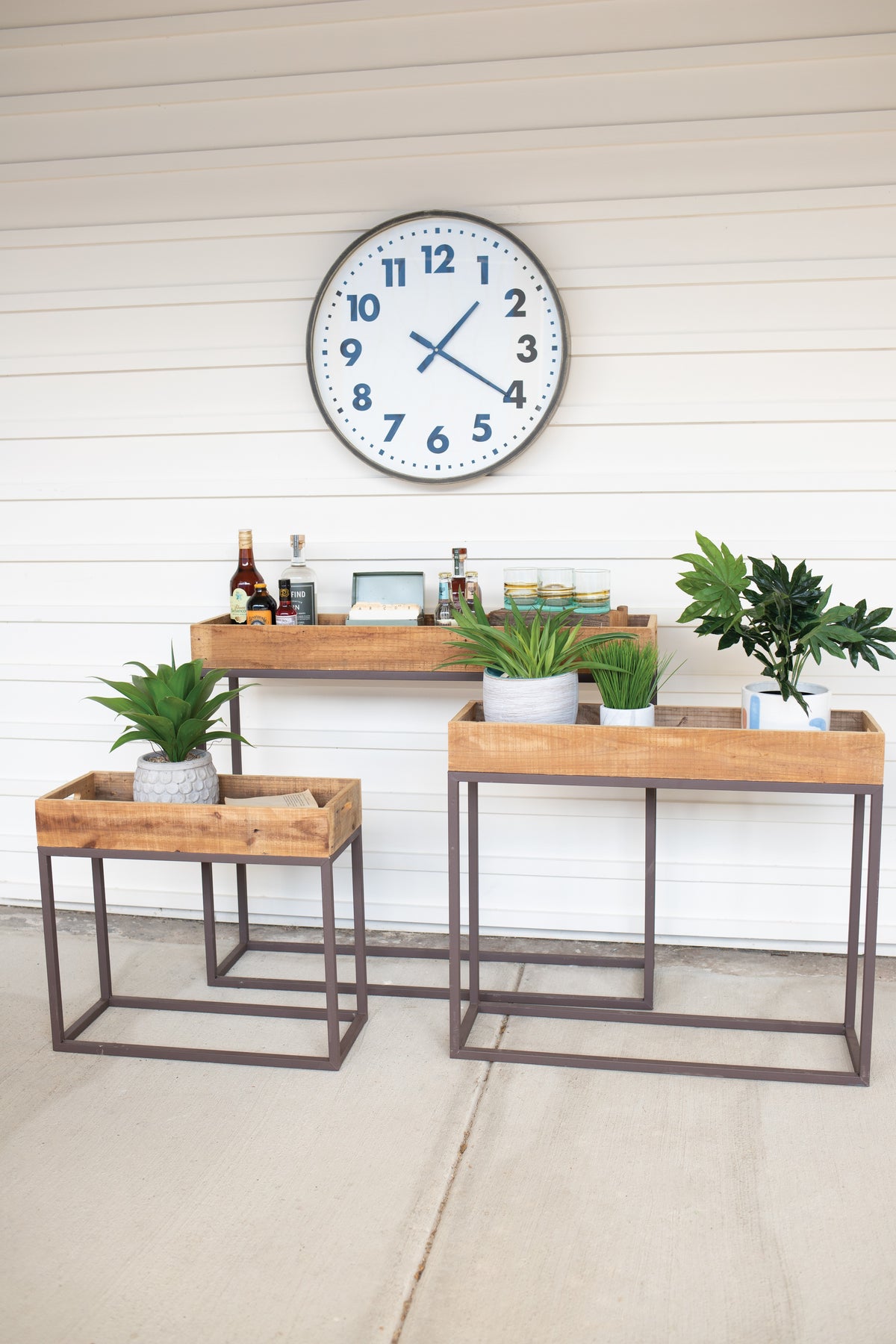 Set of Three Rustic Recycled Wood Console Trays on Metal Bases