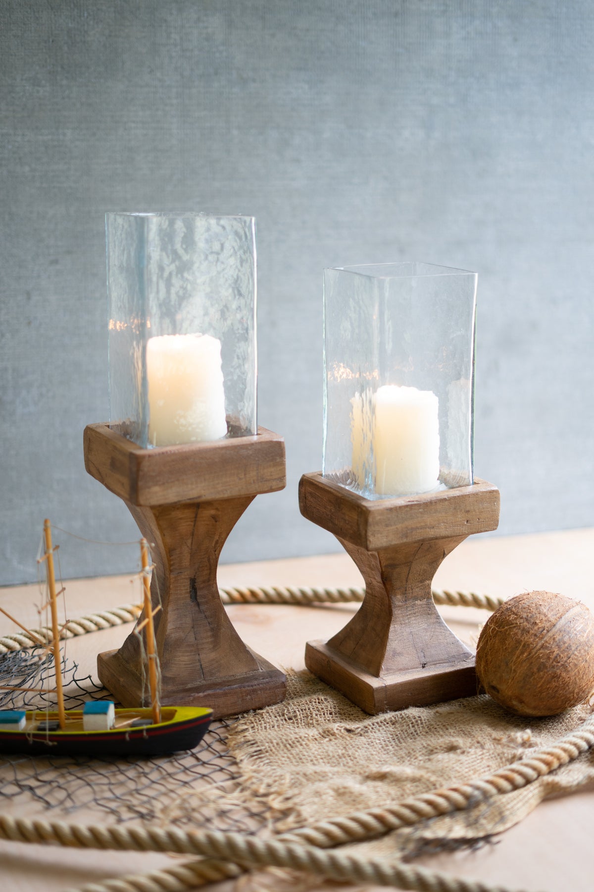 Set of Two Square Hurricanes with Recycled Wood Bases