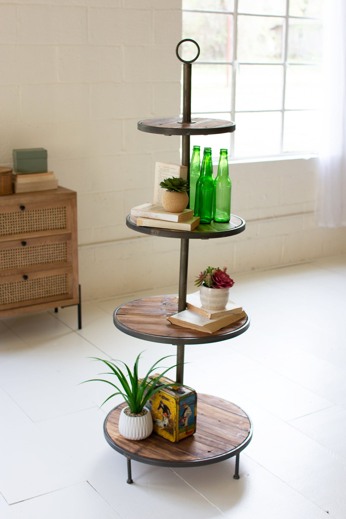 Four Tiered Recycled Wood and Metal Display Tower