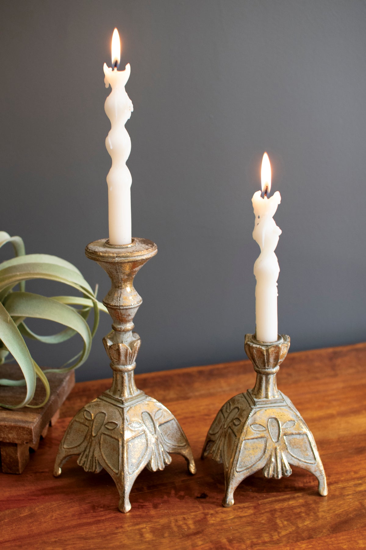 Set of Two Resin Antique Brass Taper Candle Stands