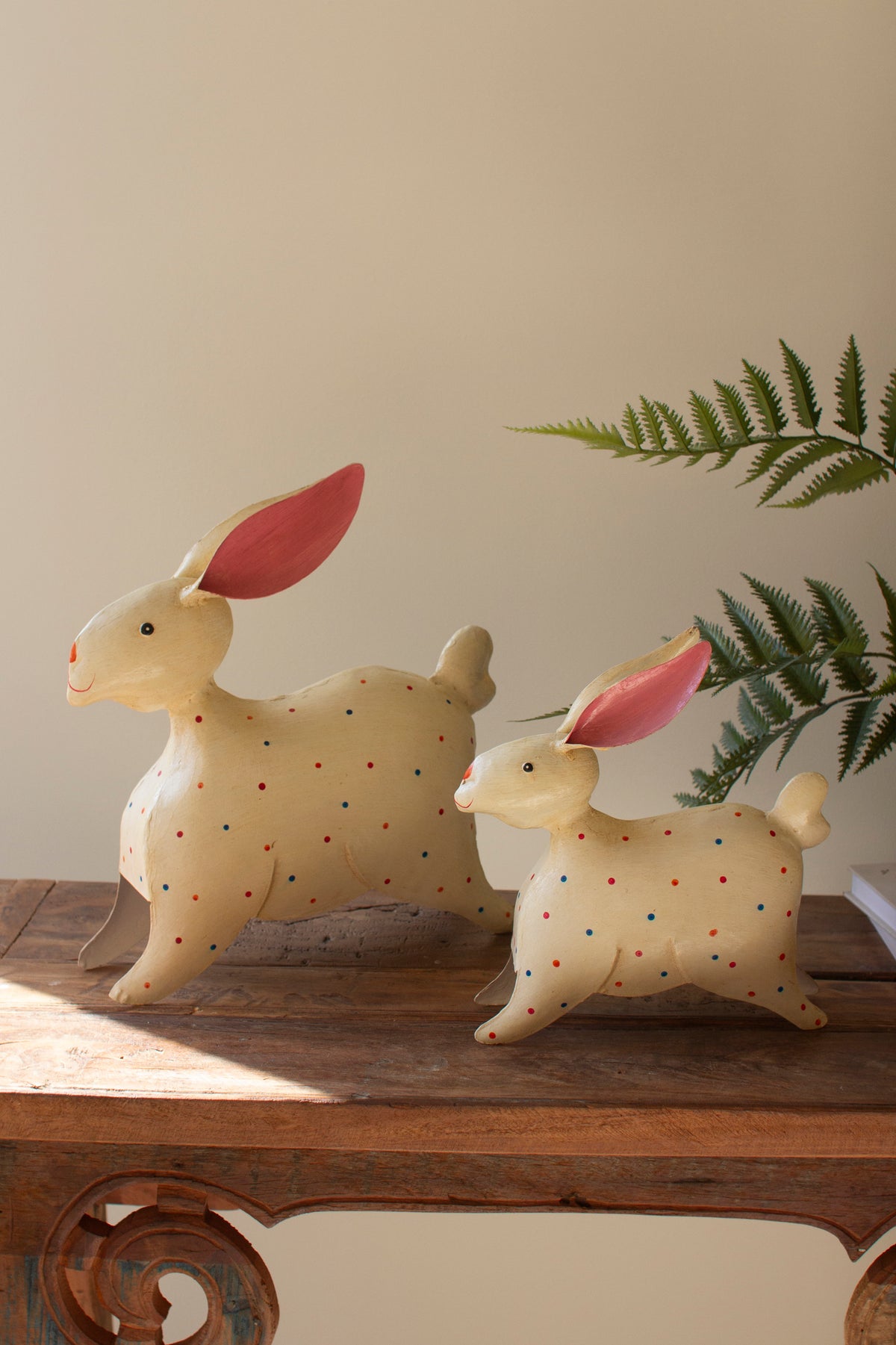 Set of Two Painted Iron Rabbits with Polka Dots