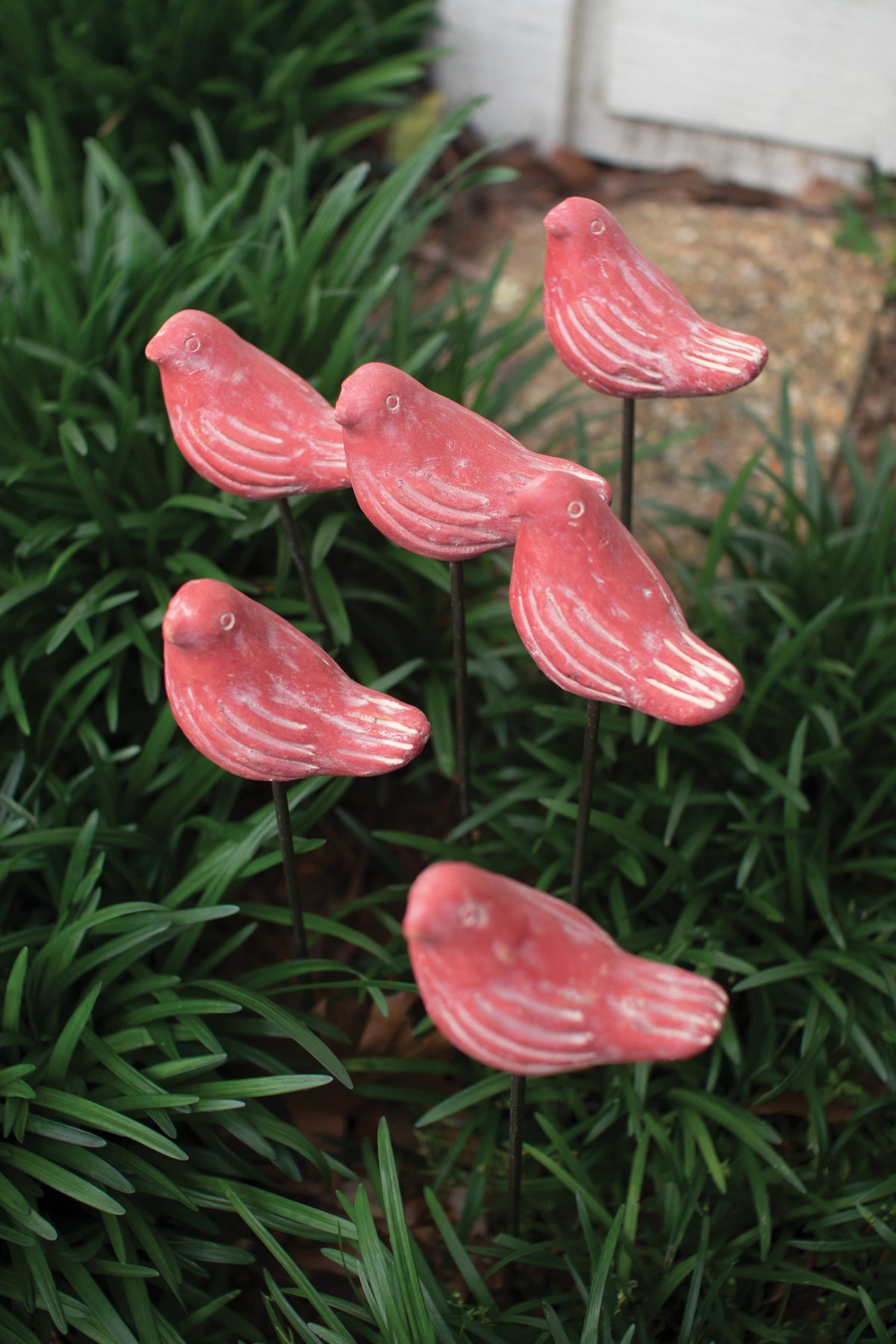 Set of Six Clay Red Bird Plant Stakes