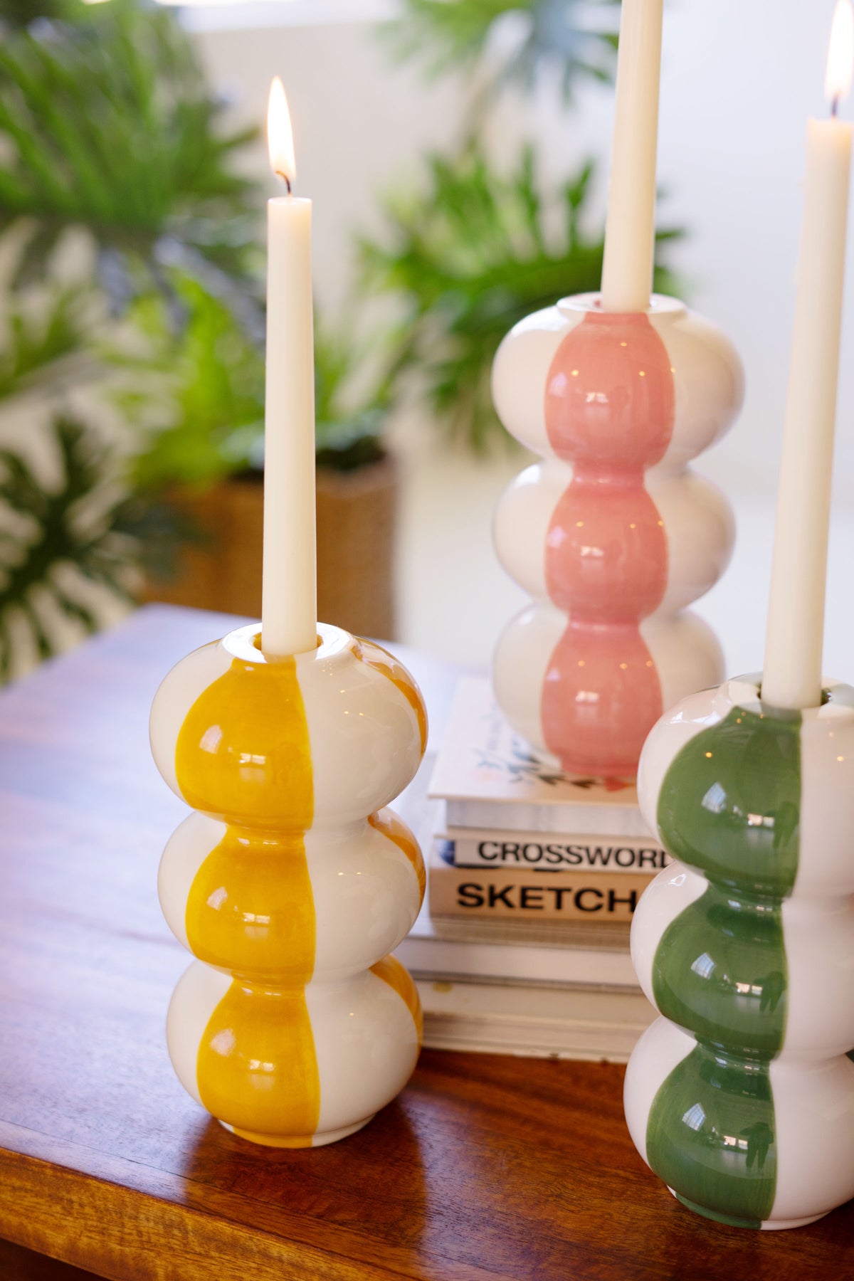 Set of Four Ceramic Striped Taper Candle Holders