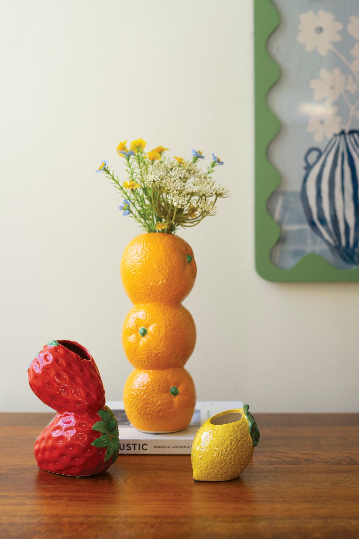 Set of Three Ceramic Bud Vases - Orange, Strwberry and Lemon