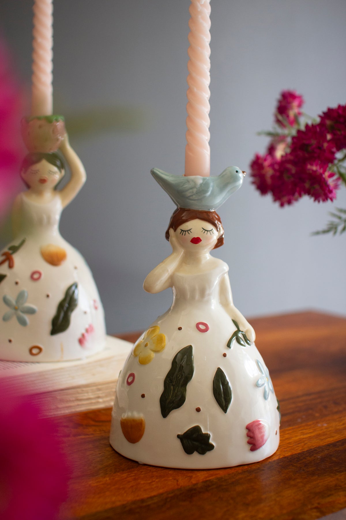 Set of Two Ceramic Girl Taper Candle Holders