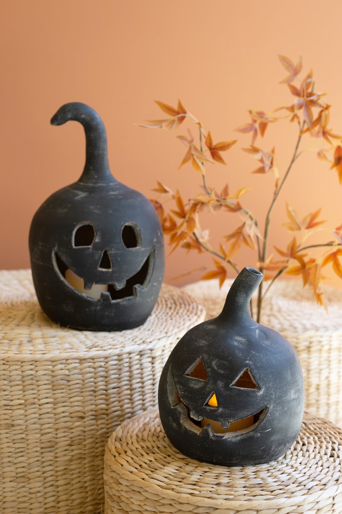 Set of Two Black Clay Jack-O-Lanterns