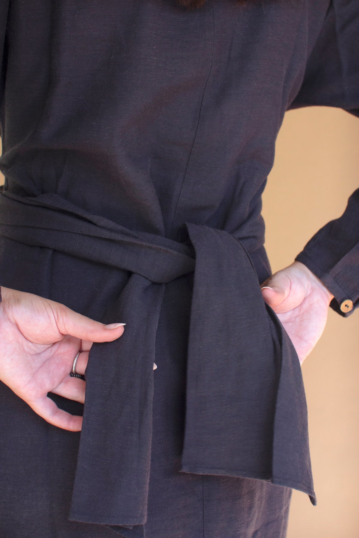 Long-Sleeve Buttondown Dress with Front-Tie - Midnight