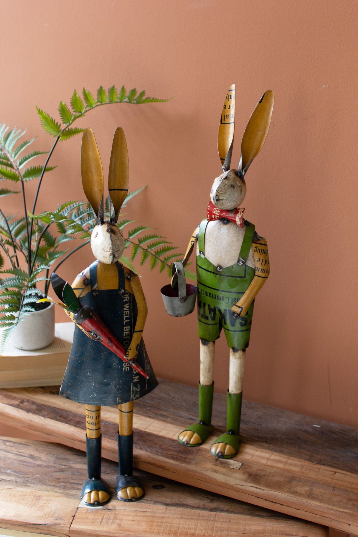 Set of Two Recycled Metal Rabbits with Bucket and Carrot
