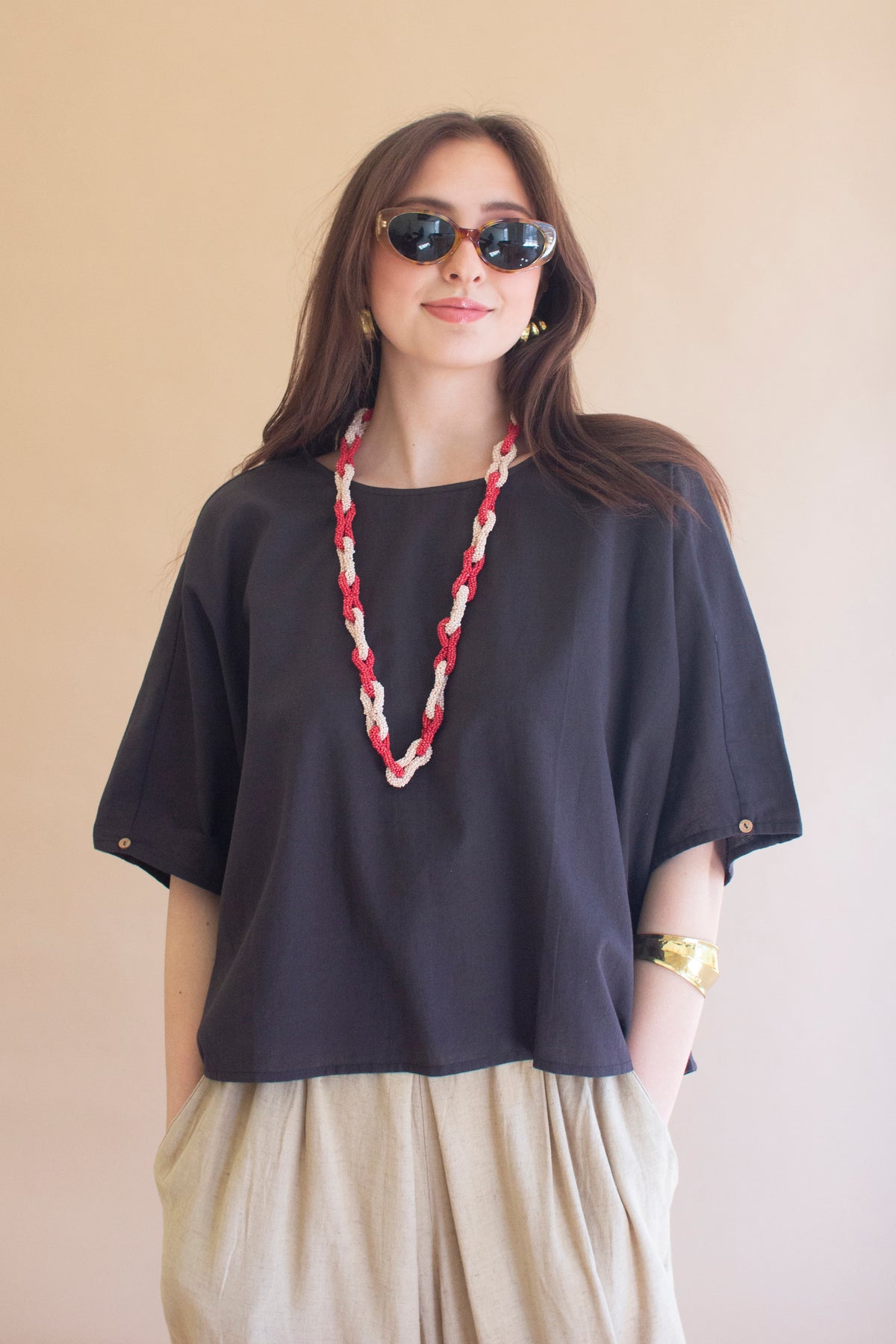 Short-Sleeve Blouse with Button on Sleeves - Midnight