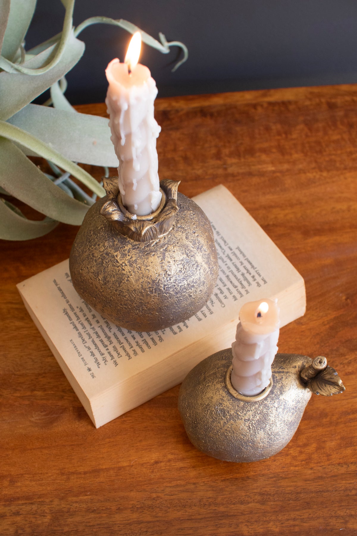 Set of Two Gold Resin Candle Holders - Pomegranate, Pear