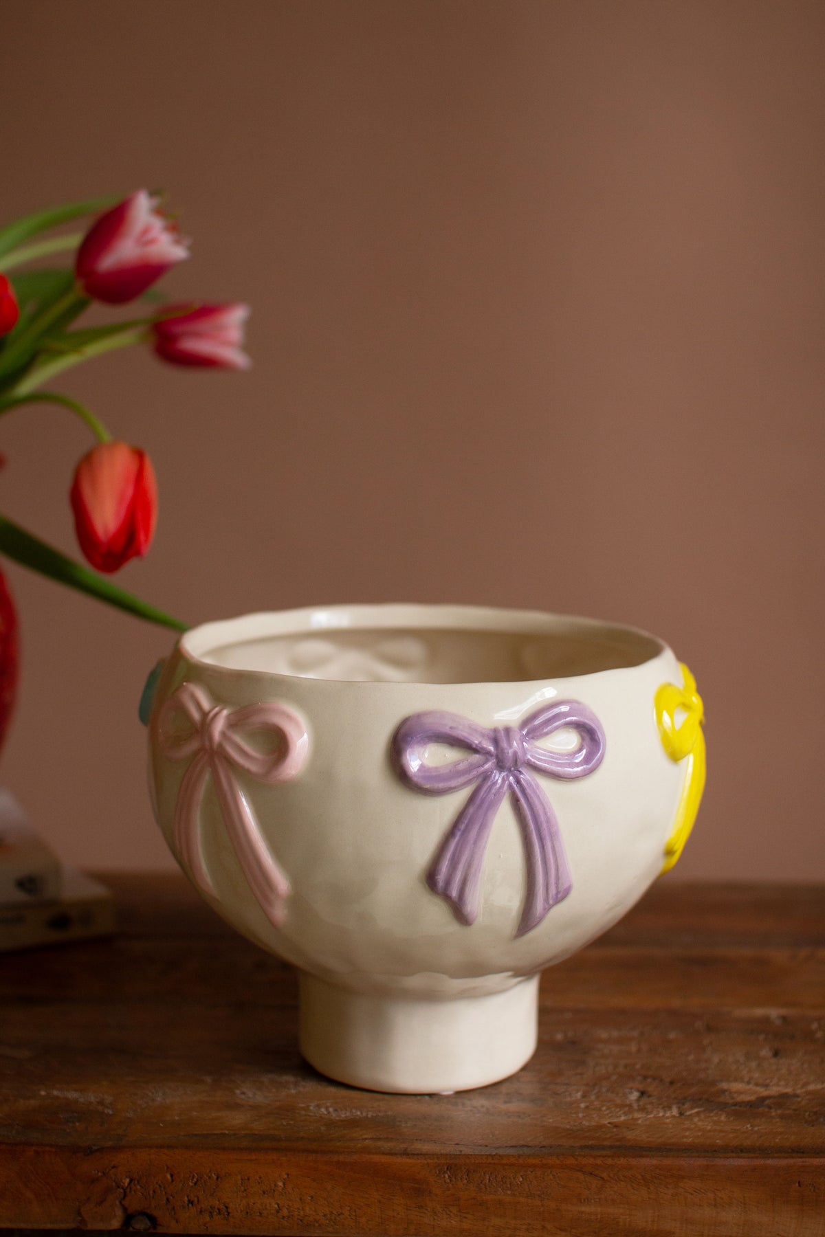 Ceramic Compote with Multi-Colored Bows