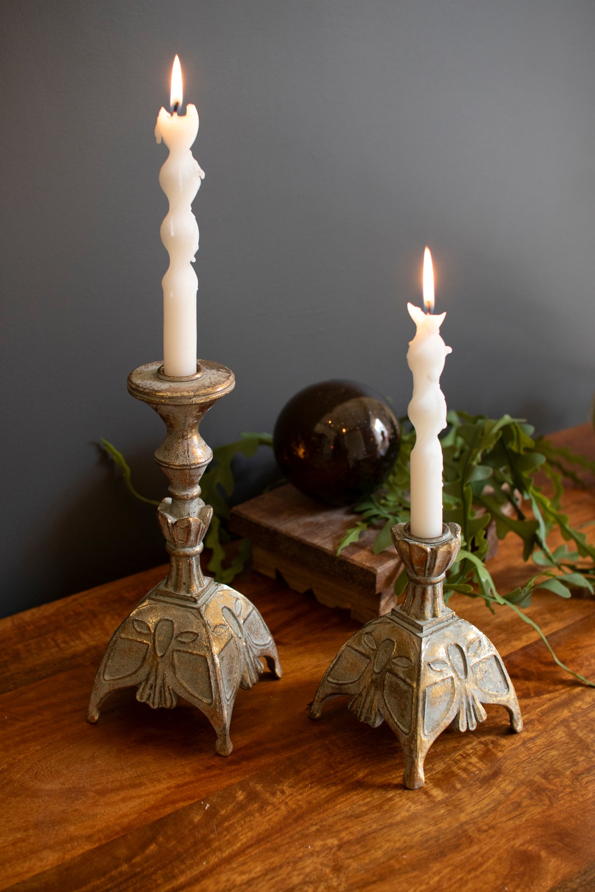 Set of Two Resin Antique Brass Taper Candle Stands
