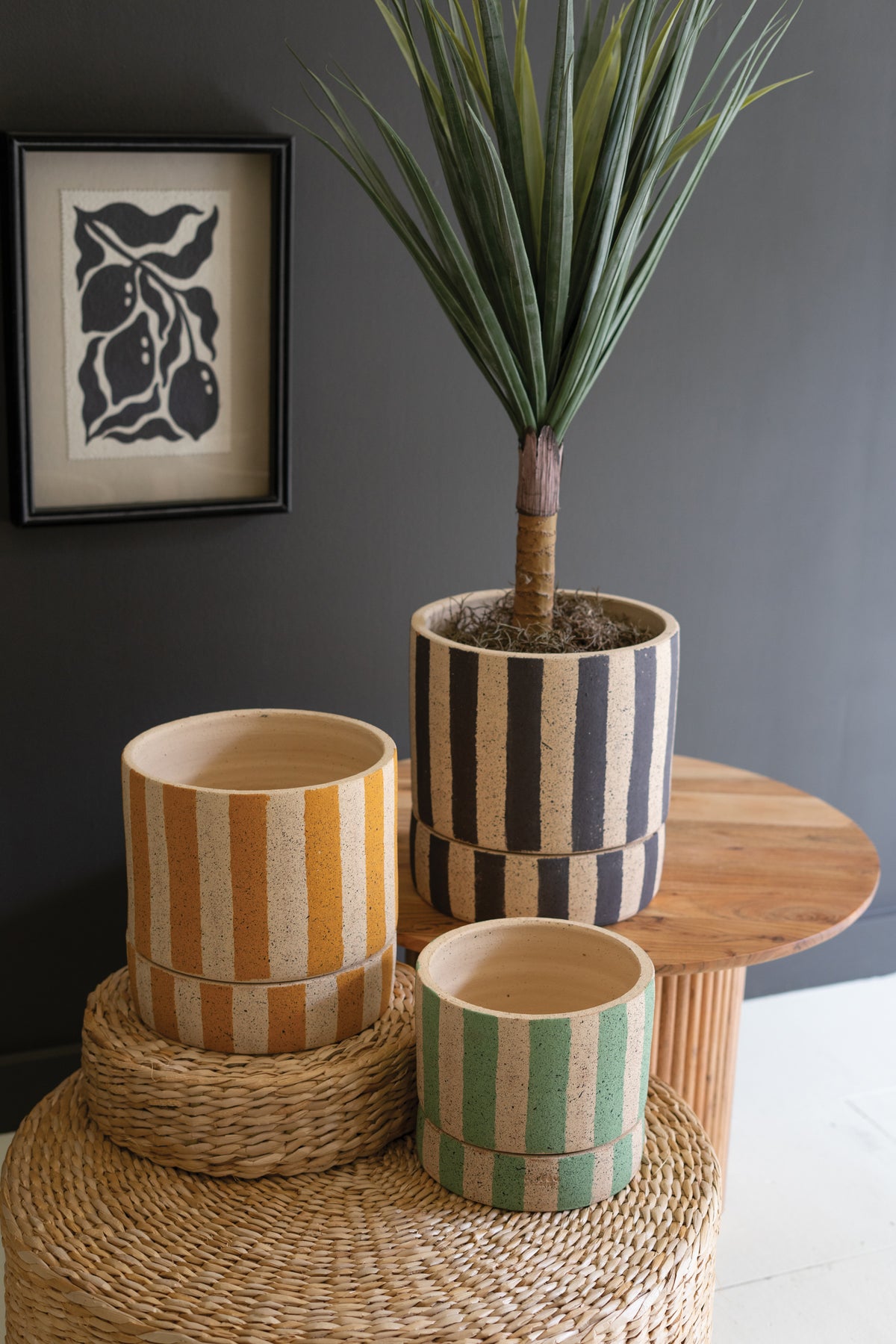 Set of Three Clay Planters with Striped Details + Trays -One Each Size