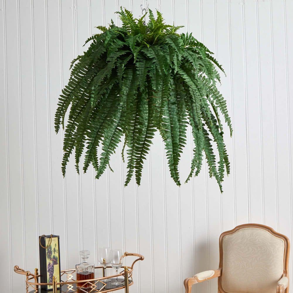 Boston Fern Artificial Plant in Metal Hanging Bowl - 39 inches