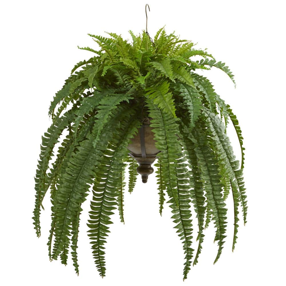 Boston Fern Artificial Plant in Metal Hanging Bowl - 39 inches